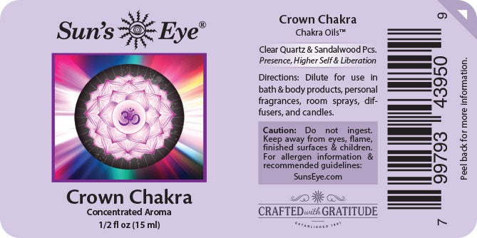 Label of Sun's Eye Crown Chakra concentrated aroma with colorful design and text.