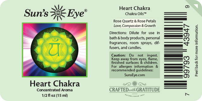 Label for Sun's Eye Heart Chakra concentrated aroma with a colorful design and text.