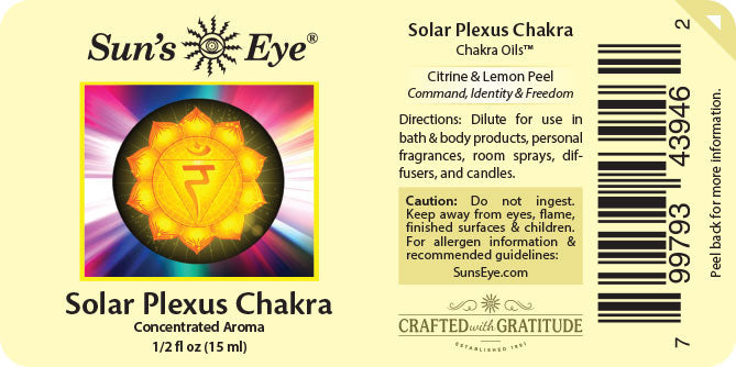 Label for Sun's Eye Solar Plexus Chakra oil with chakra symbol and product details.