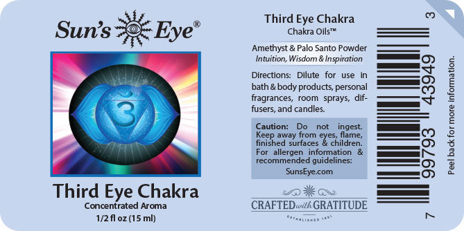 Label for Sun's Eye Third Eye Chakra product with colorful design and text.