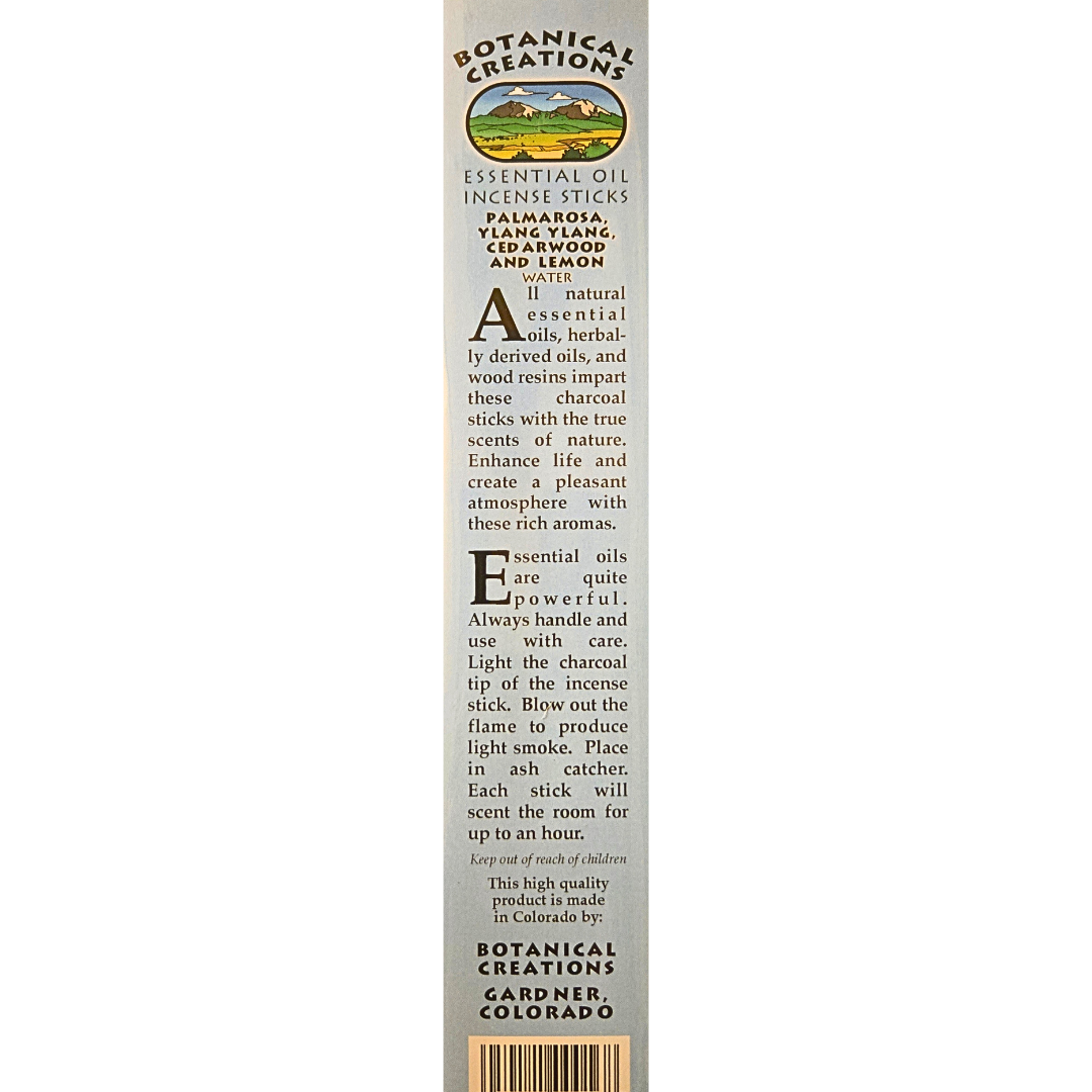 Botanical Creations: Palmarosa, Ylang Ylang, Cedarwood, and Lemon Essential Oil Incense