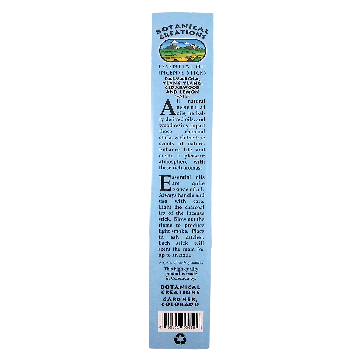 Package of Botanical Creations Palmarosa, Ylang Ylang, Cedarwood, and Lemon incense sticks
