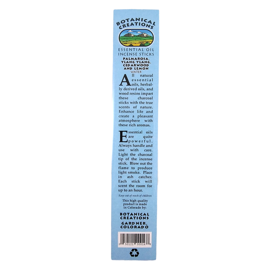 Package of Botanical Creations Palmarosa, Ylang Ylang, Cedarwood, and Lemon incense sticks