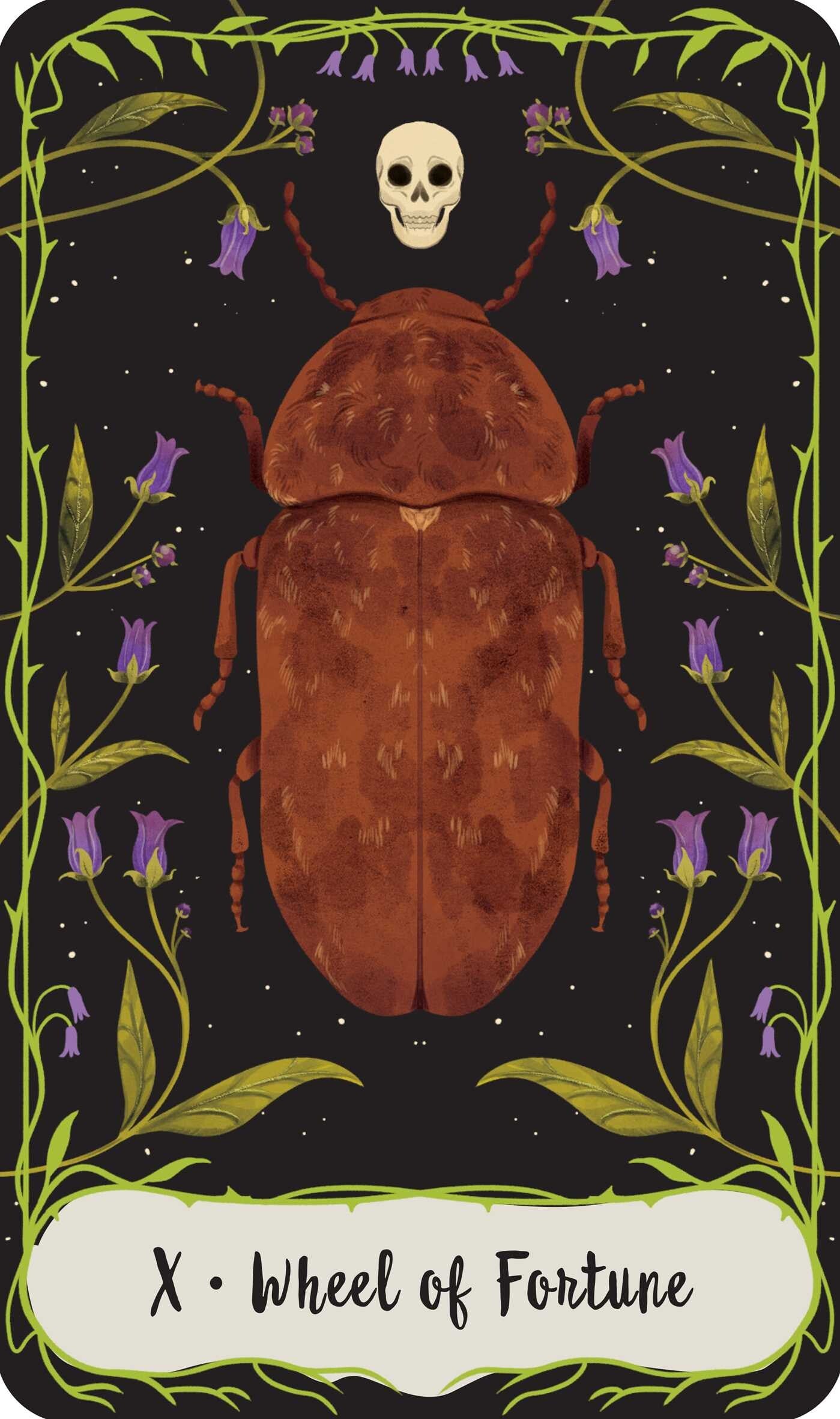 Card featuring a beetle with a skull and floral elements, labeled 'Wheel of Fortune'.