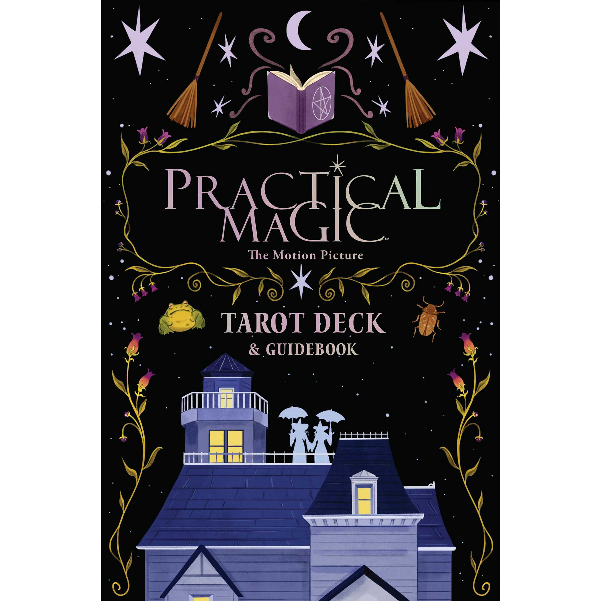 Cover of 'Practical Magic' tarot deck and guidebook with house illustration and decorative elements on a black background.