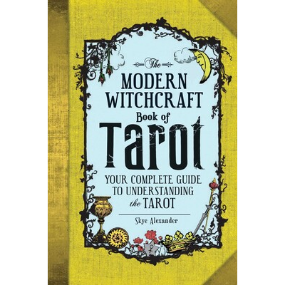 Book cover of 'The Modern Witchcraft Book of Tarot' with decorative elements on a yellow background