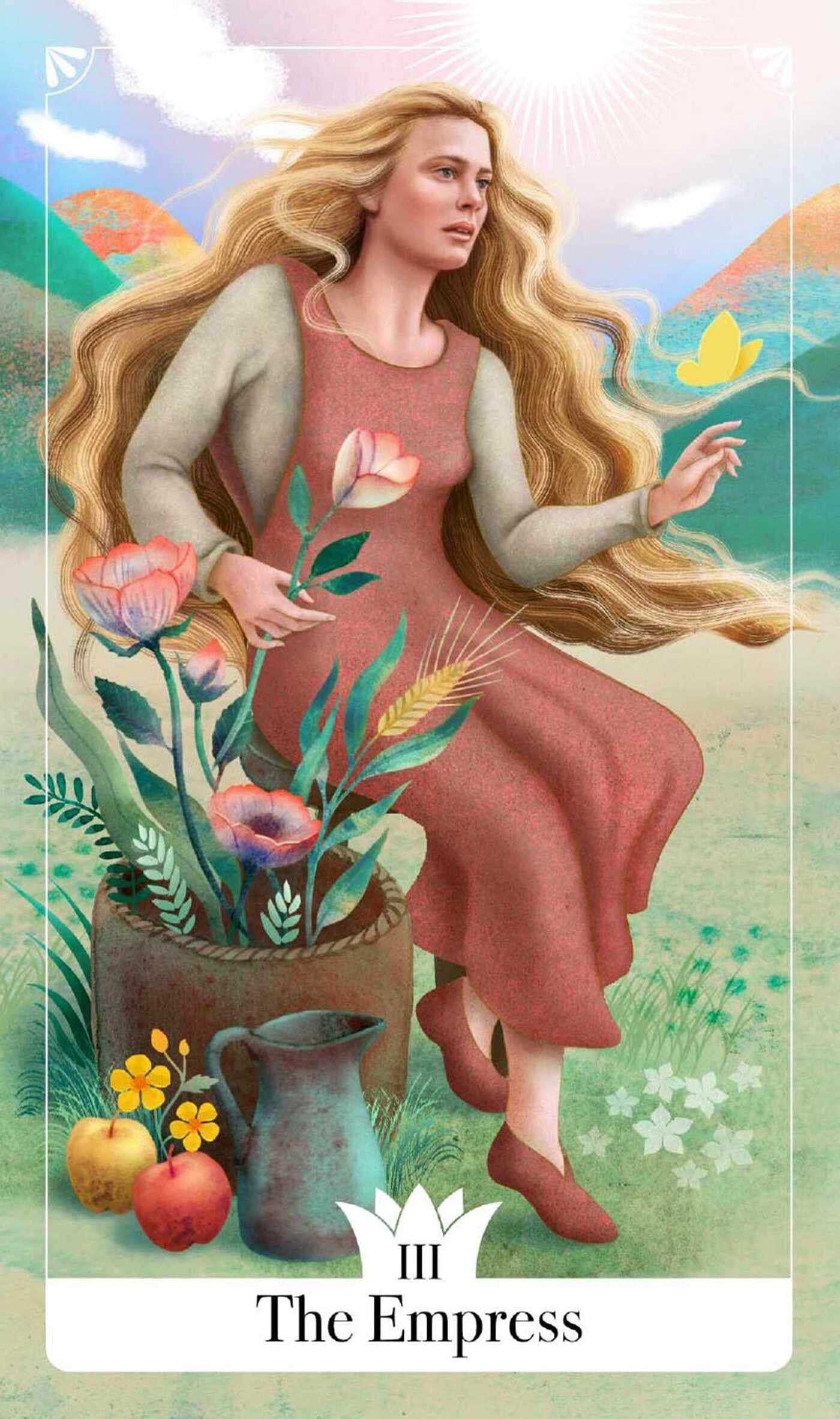 Card featuring 'The Empress' from a tarot deck with a woman in a red dress surrounded by nature elements.
