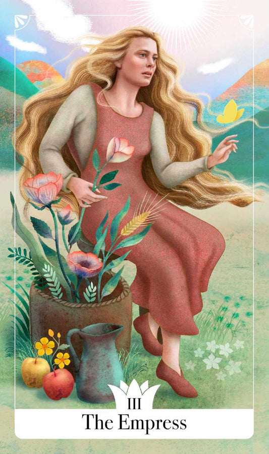 Card featuring 'The Empress' from a tarot deck with a woman in a red dress surrounded by nature elements.