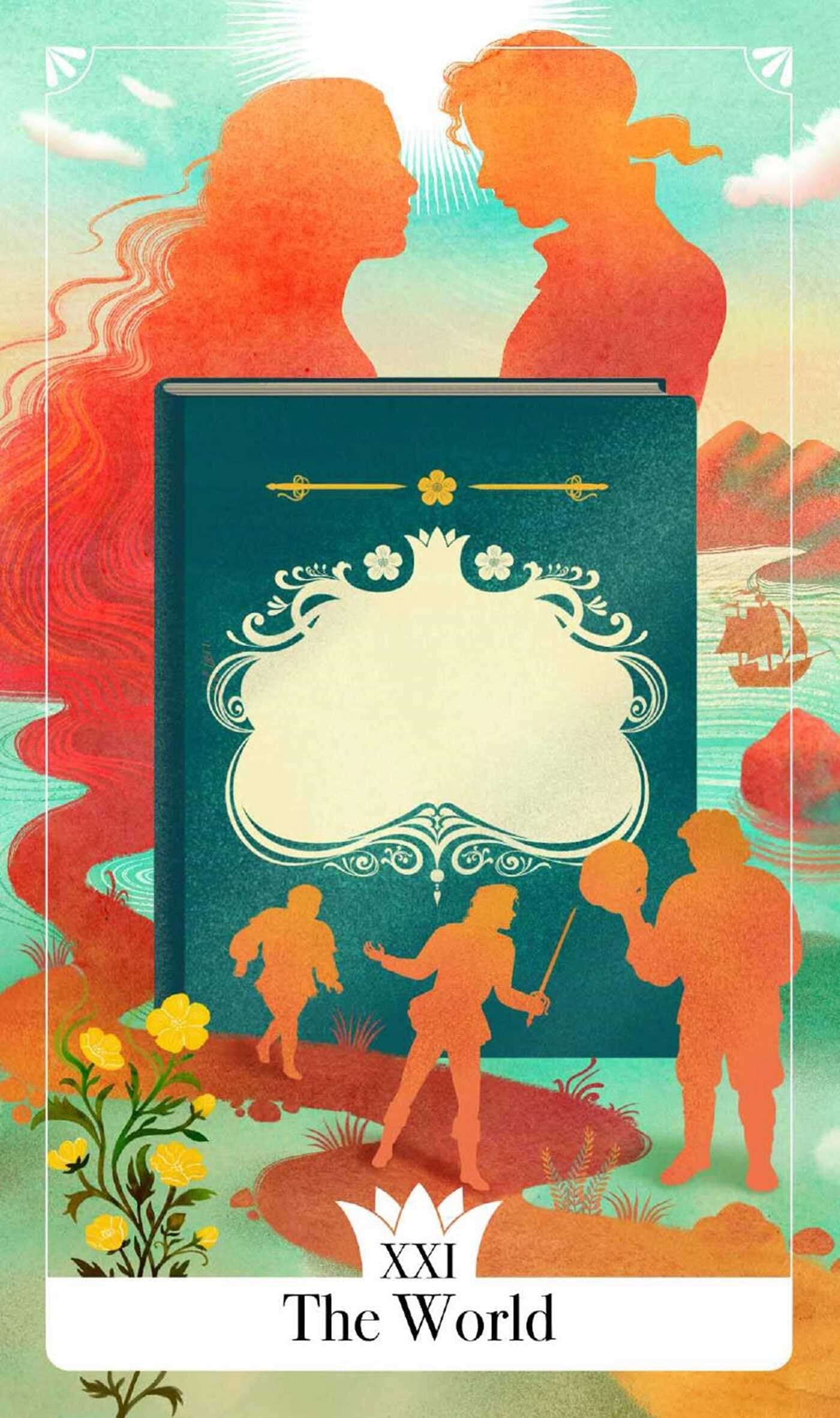 Tarot card design with 'The World' card and stylized figures on a colorful background