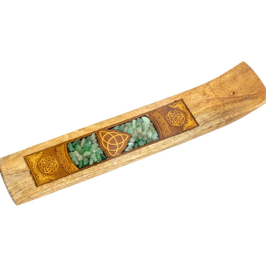 triquetra wooden incense burner with green aventurine