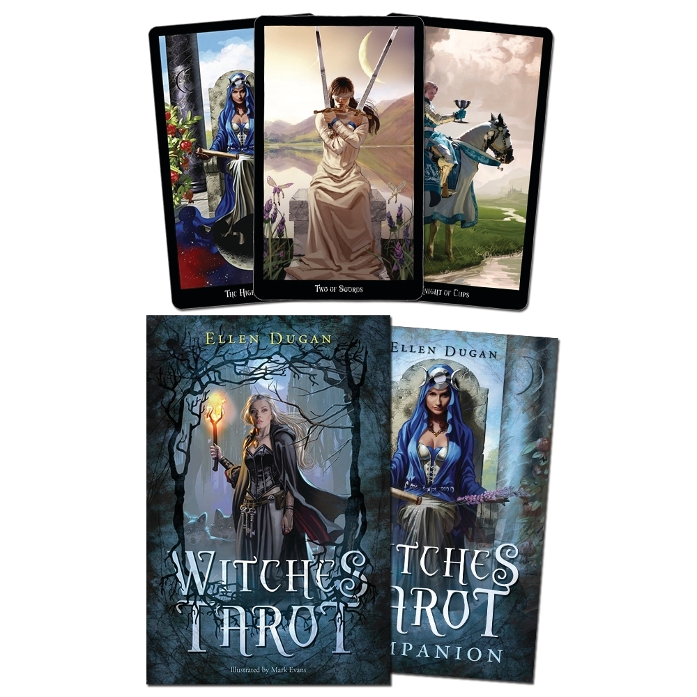 Witches Tarot cards with illustrations of women in various roles and settings, featuring the author Ellen Dugan.