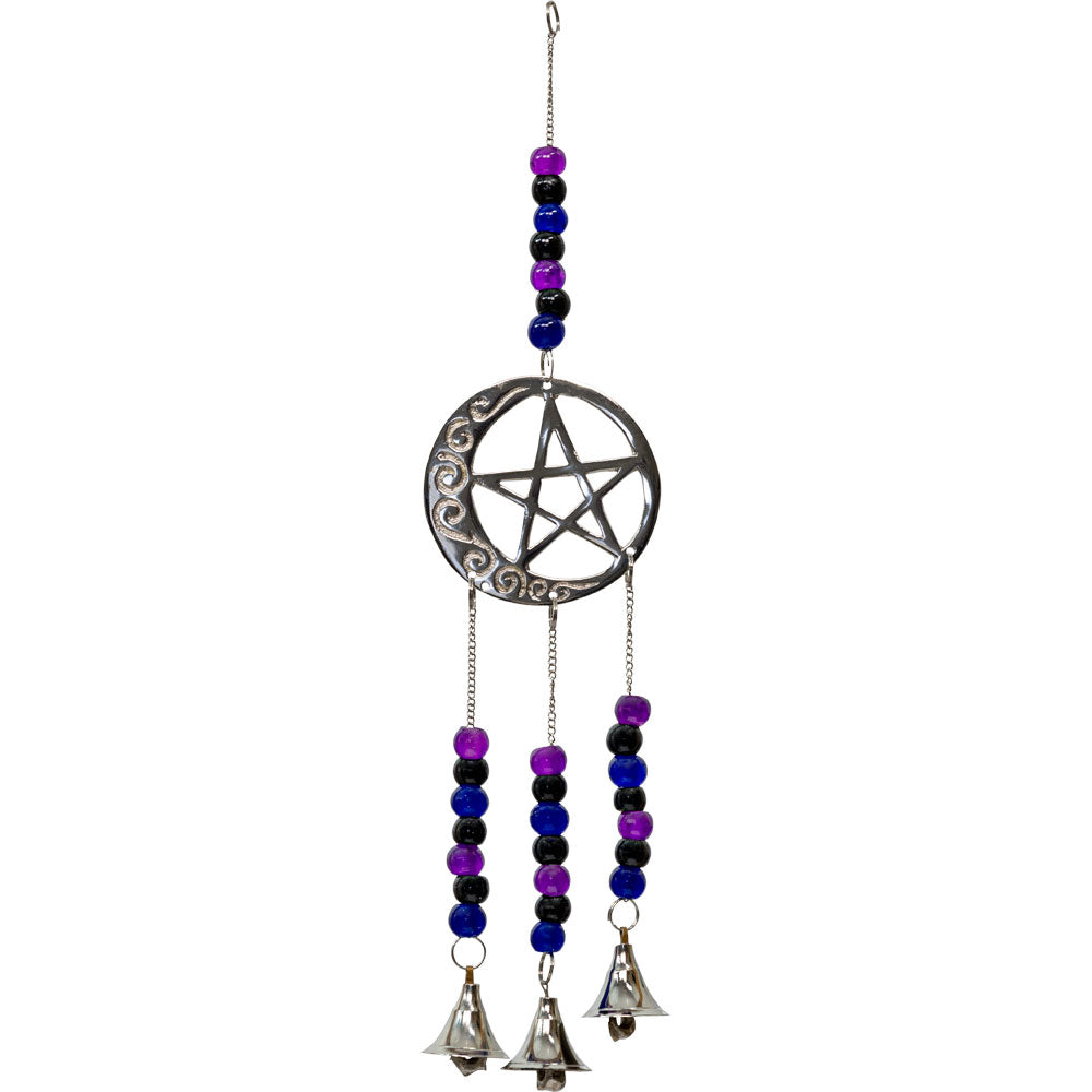Beaded brass bell chimes with pentacle and crescent moon