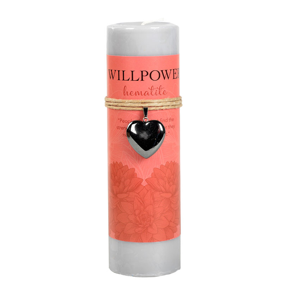 Willpower candle with hematite heart-shaped pendant