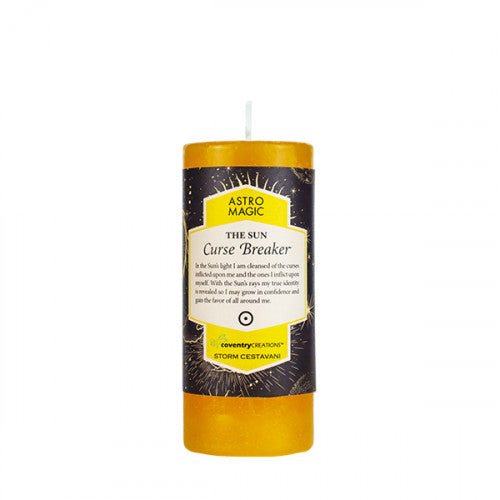 Yellow candle with label explaining the properties of the sun, curse breaker candle