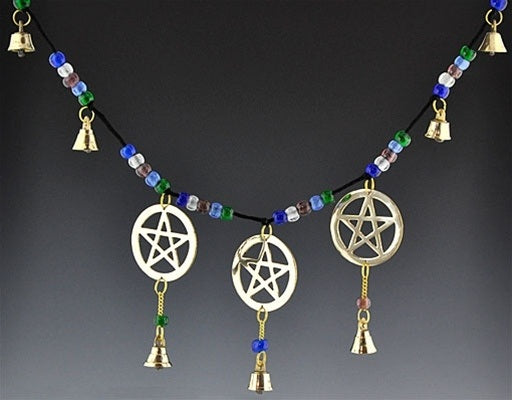 3 Pentacle with Brass Bells & Beads on Cord - 24"W
