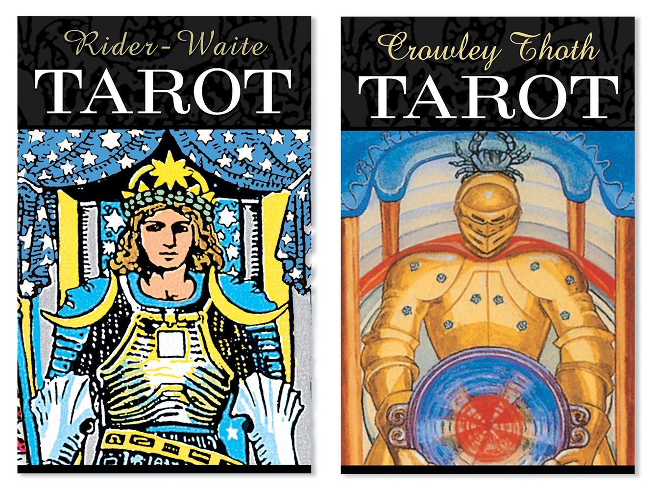 Side-by-side view of the Rider Waite Tarot box vs. Crowley Thoth Tarot box