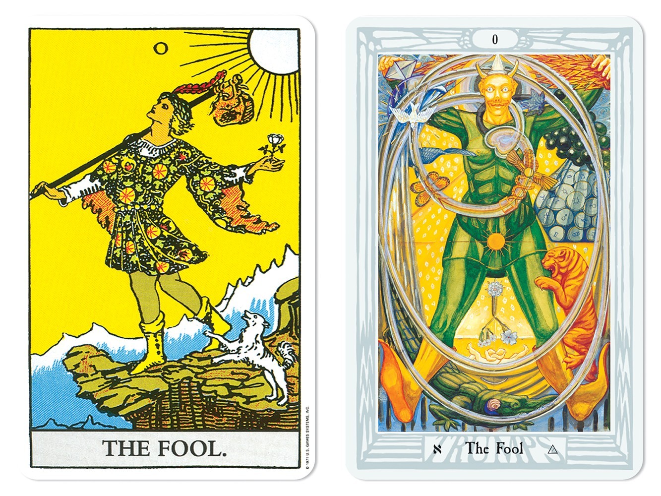 Side-by-side of Rider-Waite and Thoth cards of The Fool