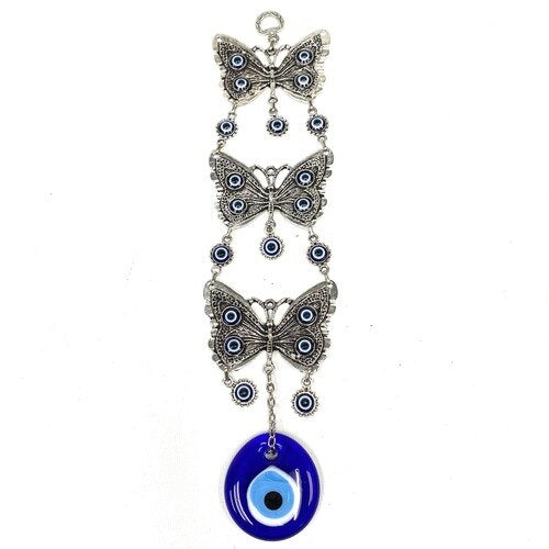 3 metal butterfly with evil eye hanging