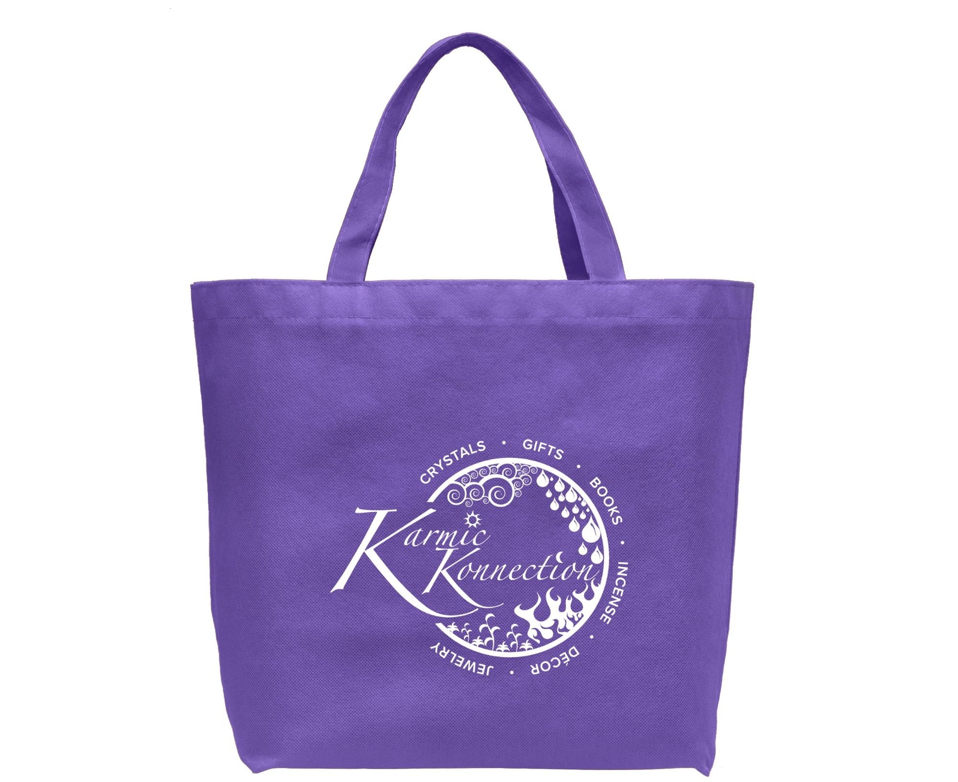purple and white karmic konnection tote bag