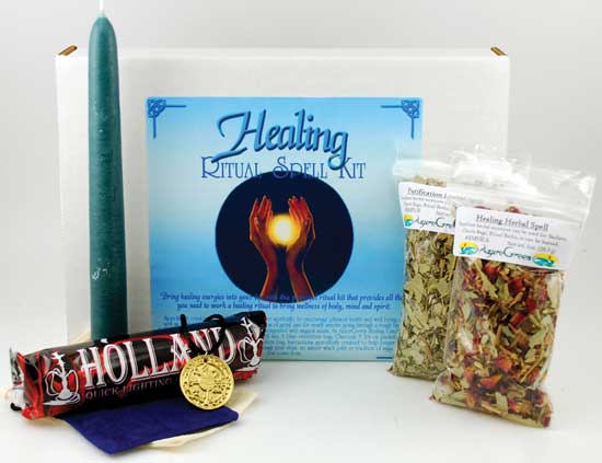 Boxed ritual spell kit with contents on display