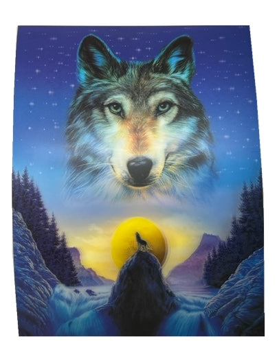 A large wolf head appears over a howling wolf perched on a large rock. Behind the wolf a full moon illuminates the snowy hills and pine trees.