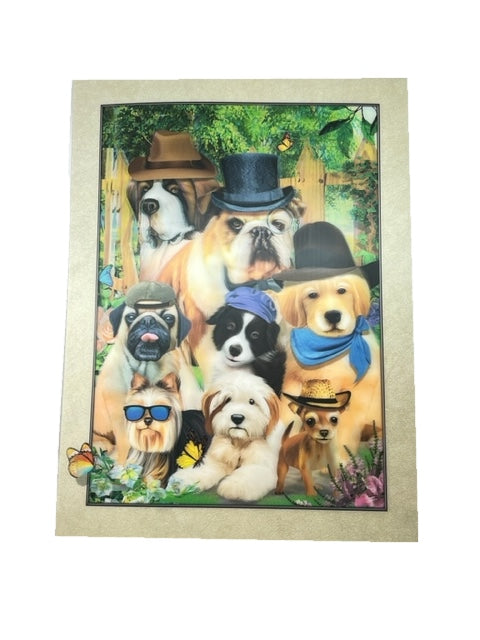 Eight dogs dressed up in variants of hats, glasses, bows, or scarfs. They sit around posing in front of a building covered in plant life.