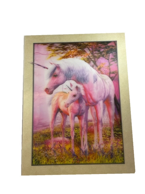 An adult unicorn leans over a baby unicorn as they watch something in the distance, they stand in a prairie.