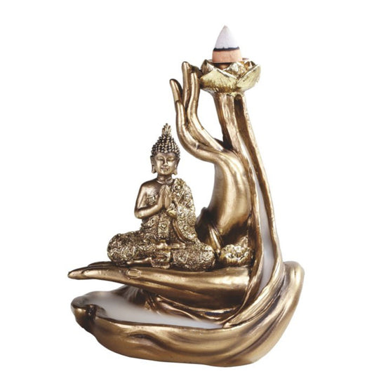 gold/bronze backflow incense cone burner with buddha