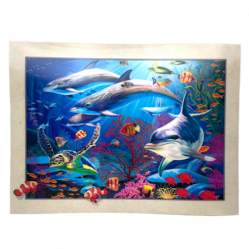 Colorful and vibrant fish swim along with turtles and dolphins. Bright oceanic plants grow along the floor.