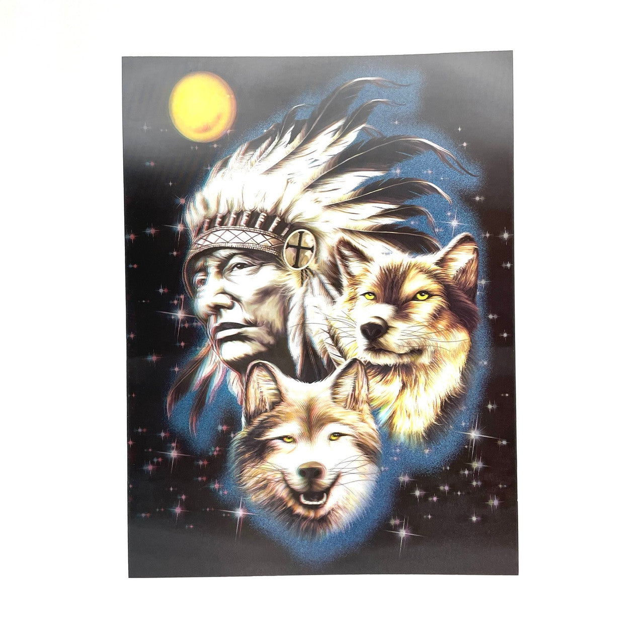 A native man in a ceremonial headdress stares off wistfully and is surrounded by two wolves, stars, and a full moon.