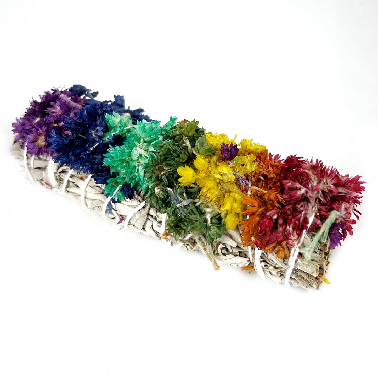 4" white sage bundle with chakra colored sinuata flowers