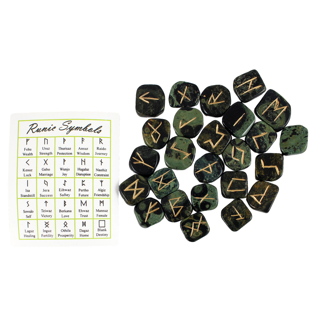 Set of 25 Kambaba Jasper runes and Runic Symbols key