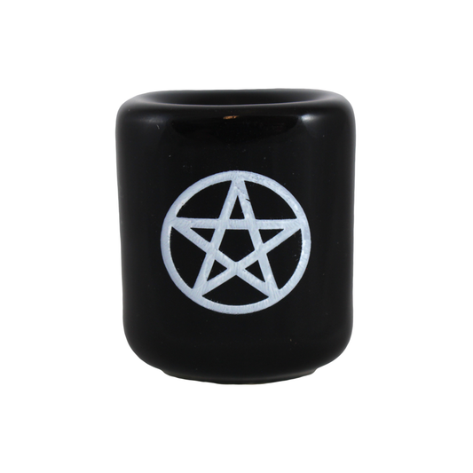 Ceramic chime candle holder with a white pentacle on a black background